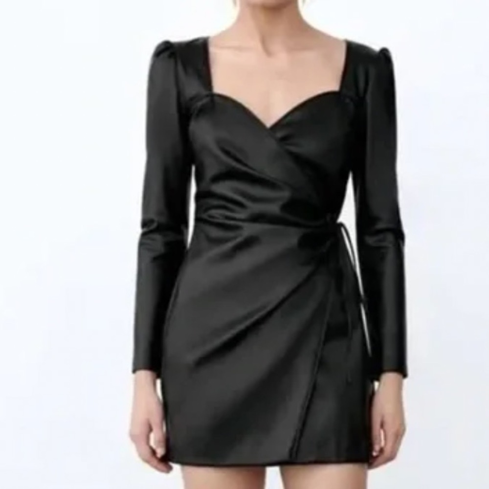Zara Faux Leather Wrap Dress in Black - Small
